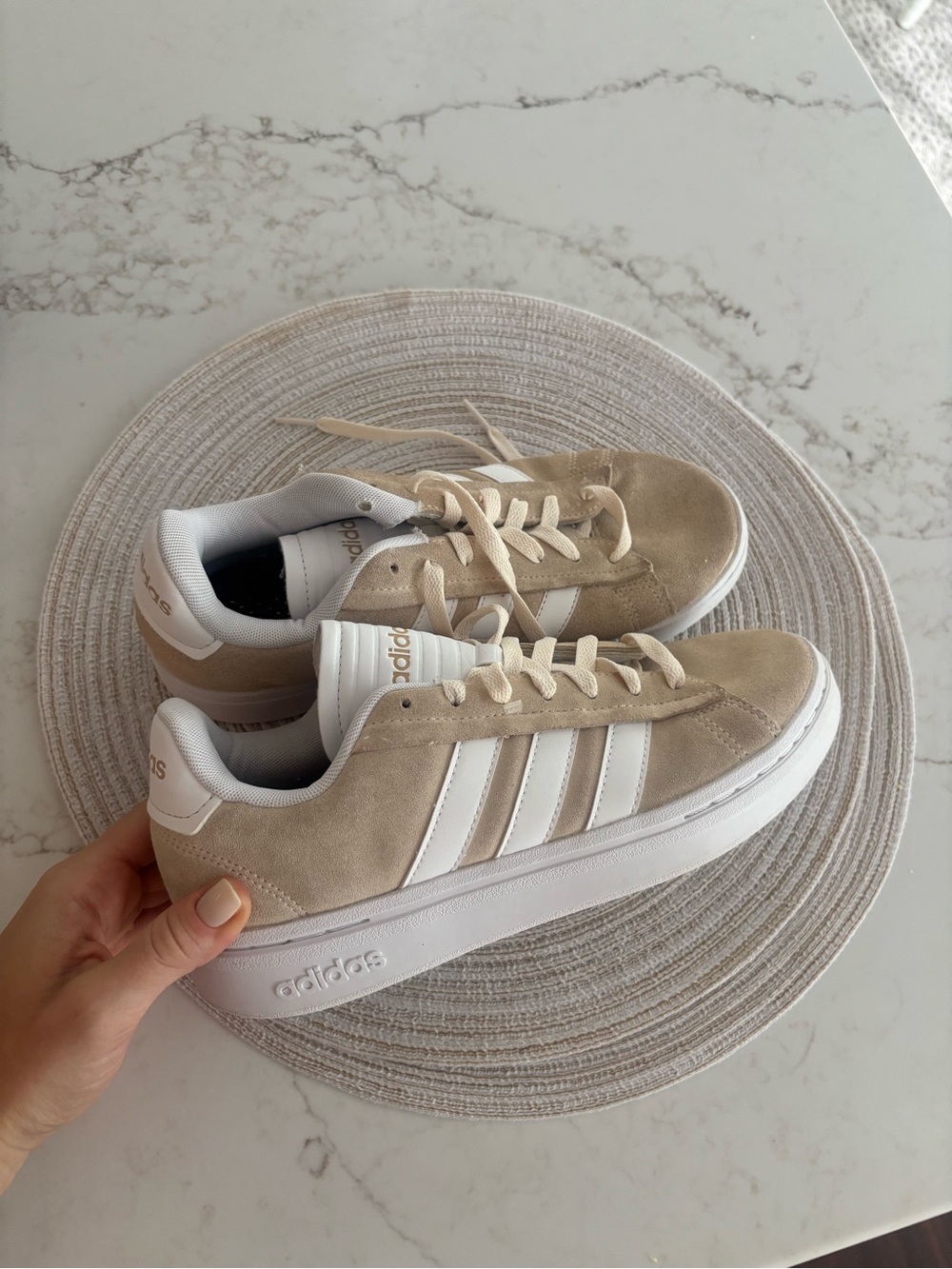 adidas Beige and White Suede Athletic Sneakers